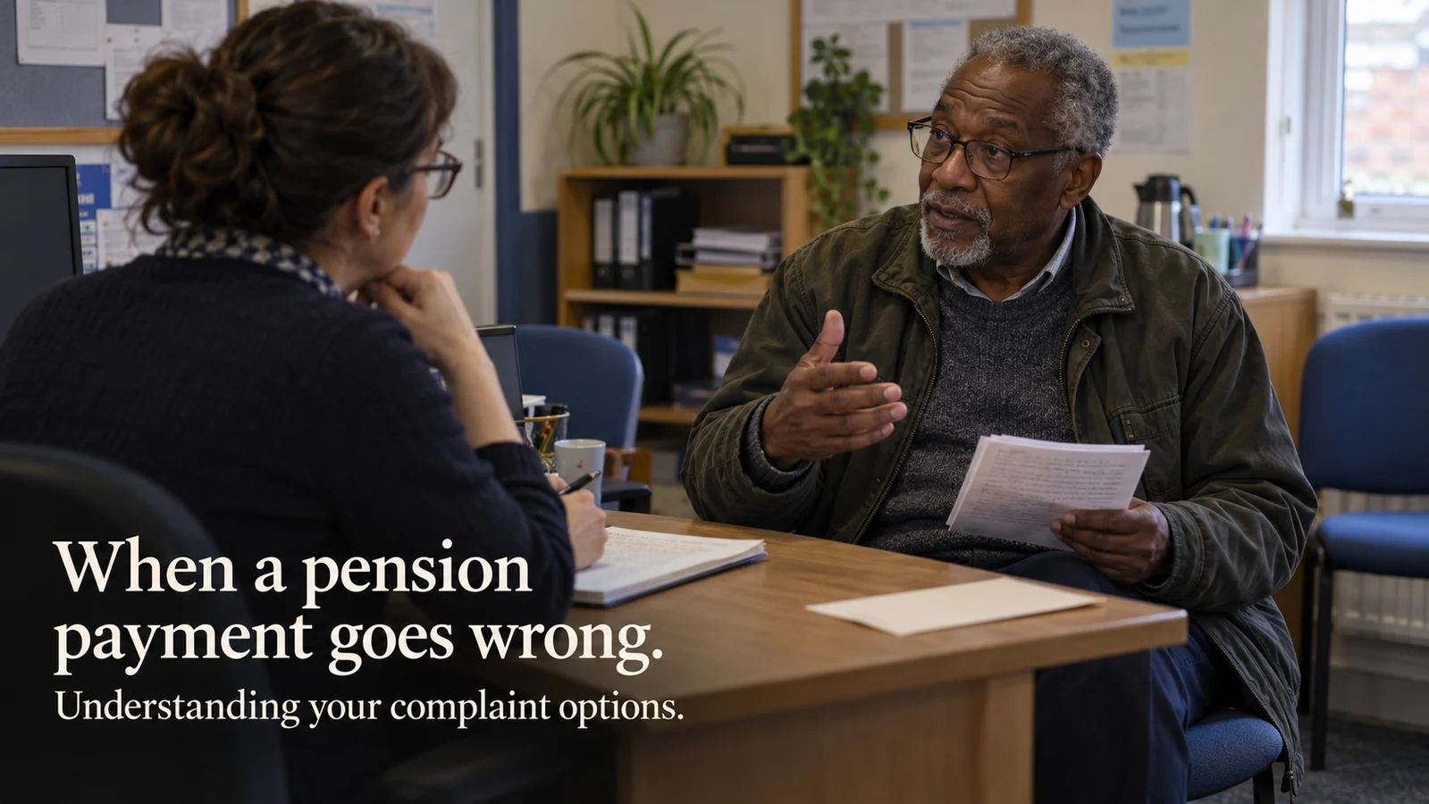 A Black British man veteran in his early seventies explains what happened to an adviser, holding his own notes while the adviser listens carefully.