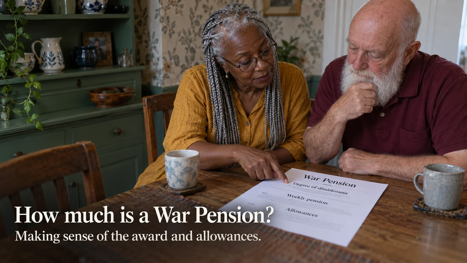 An older couple study a War Pension sheet linking Degree of disablement, Weekly pension and Allowances.