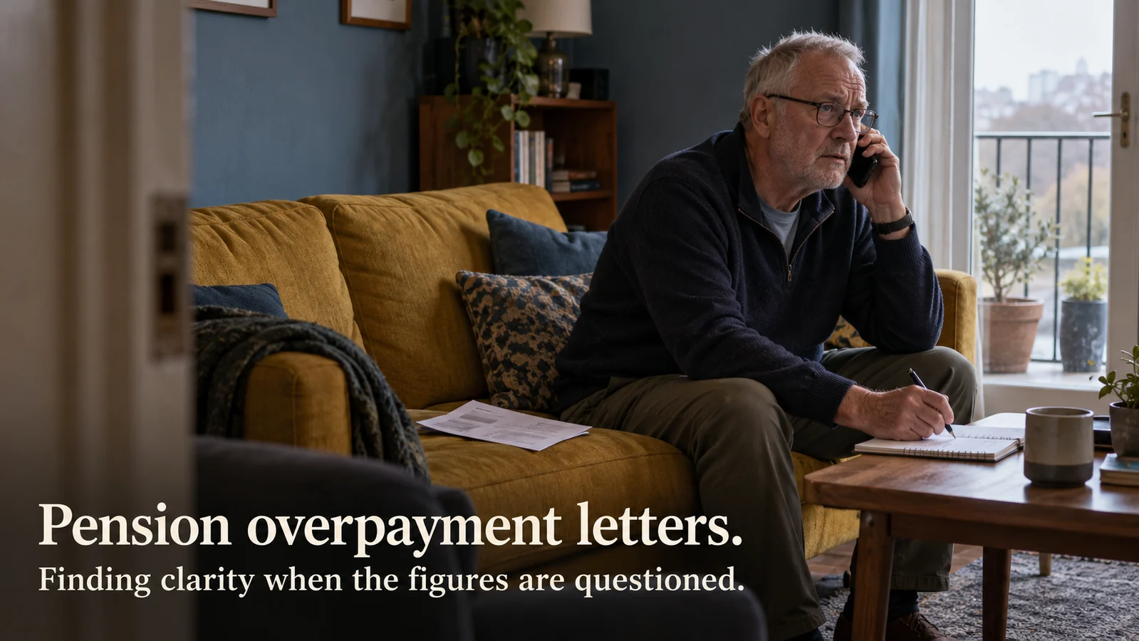 A representative veteran takes notes during a phone call about a pension letter in his lounge.