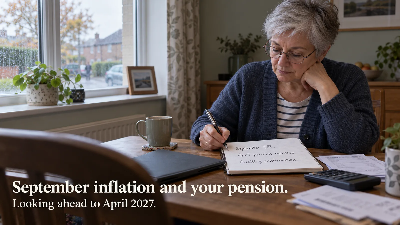 A woman veteran reviews personal notes headed September CPI, April pension increase and Awaiting confirmation.