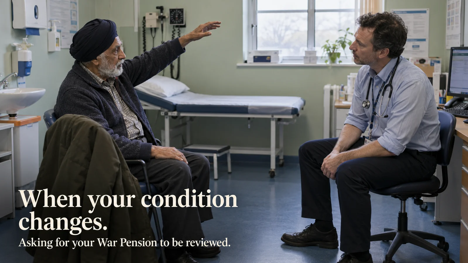 An older veteran explains a change in shoulder movement to a GP in an examination room.